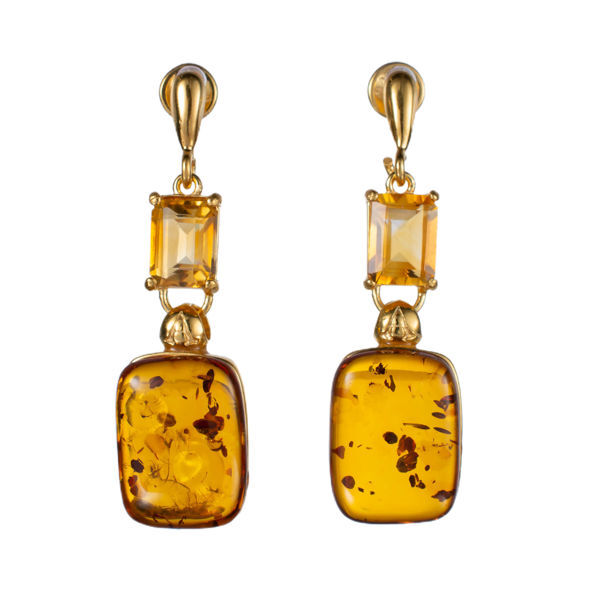 Gold Plated 925 Sterling Silver Honey Baltic Amber and Citrine Earrings