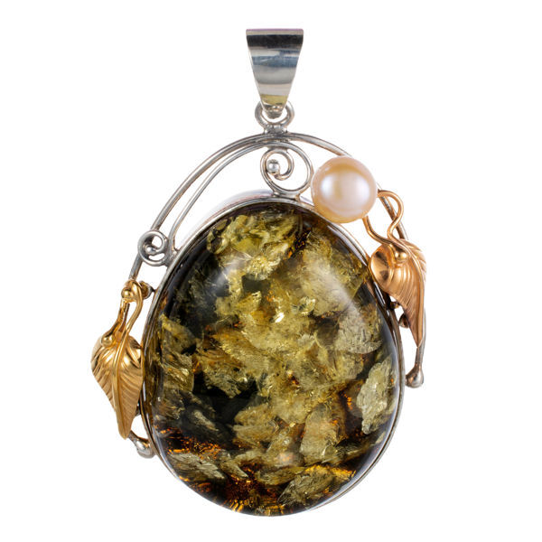 Gold Plated 925 Sterling Silver Green Baltic  Amber With Freshwater Pearl Pendant