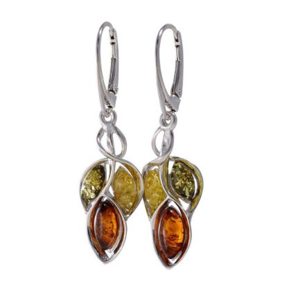 GIA certified sterling silver Baltic multicolor amber drop earrings “April” featuring green, honey and cognac amber stones in elegant dangle design