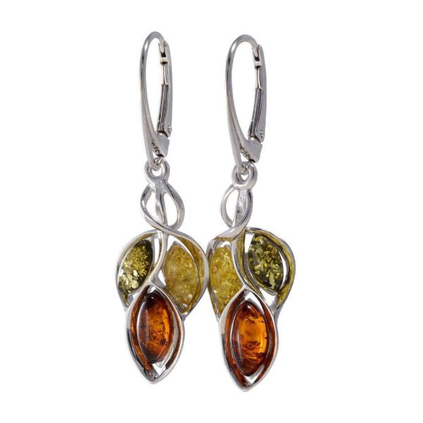 GIA certified sterling silver Baltic multicolor amber drop earrings “April” featuring green, honey and cognac amber stones in elegant dangle design