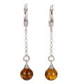 Sterling silver Baltic honey amber drop earrings with English lock closure, handmade Polish jewelry featuring round genuine amber cabochons on delicate chain