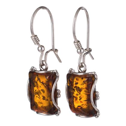 Sterling silver kidney hook rectangle earrings with genuine Baltic honey amber stones, handcrafted 925 silver drop earrings showing natural amber inclusions