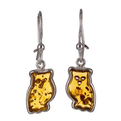 Sterling Silver and Baltic Amber Kidney Hook Honey Amber Owl Earrings