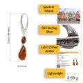 Alt: Infographic of “Samara” Baltic honey amber earrings in 925 sterling silver showing 1.5 in (38 mm) length, made in Poland, lab certified amber, 925 stamp close-up, and lightweight 3.69 g weight