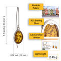 Sterling Silver and Baltic Honey Amber Long Hook Earrings