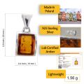 Genuine Baltic amber pendant in 925 sterling silver, handcrafted in Poland, lab certified amber, lightweight rectangular necklace charm with size dimensions