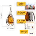 Infographic of Micaela genuine Baltic honey amber teardrop pendant in 925 sterling silver showing 1.2 in length, 0.5 in width, lightweight 1.72 g, made in Poland and lab certified amber