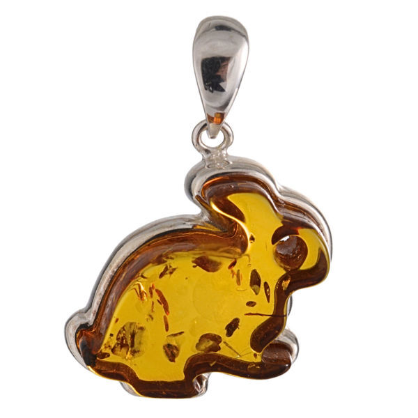 Sterling Silver Honey Baltic Amber Bunny Charm Pendant Necklace
