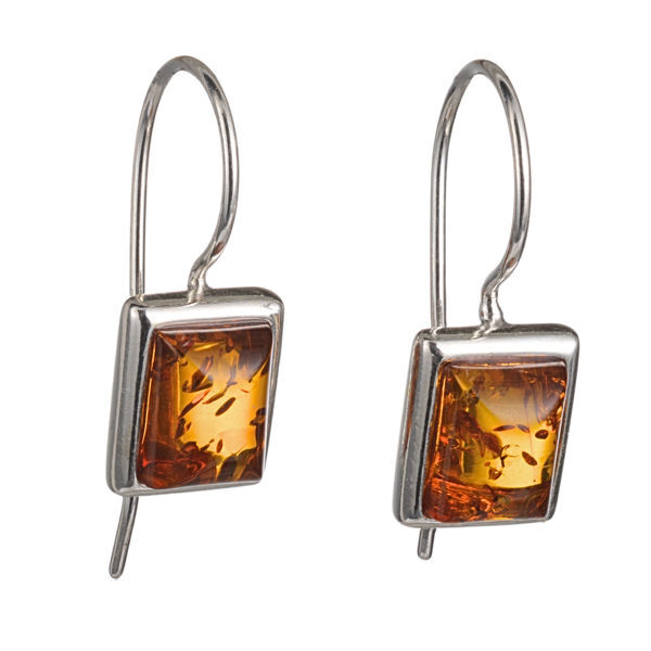 Sterling Silver and Baltic Amber Kidney Hook Honey Amber Rectangular Earrings