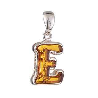 Sterling Silver and Baltic Amber E Initial Pendant Necklace