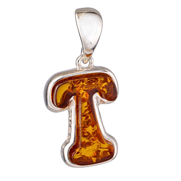 Sterling Silver and Baltic Amber T Initial Pendant Necklace