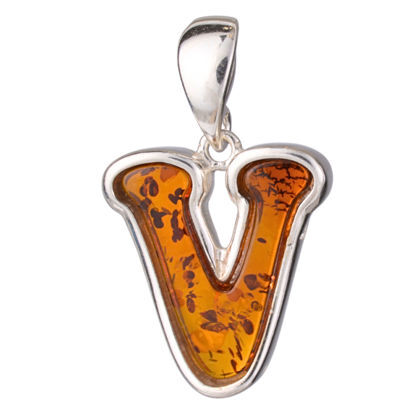 Sterling Silver and Baltic Amber V  Initial Pendant Necklace