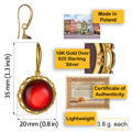Gold Plated 925 Sterling Silver  Baltic Red Amber Dangling Fish Hook Earrings