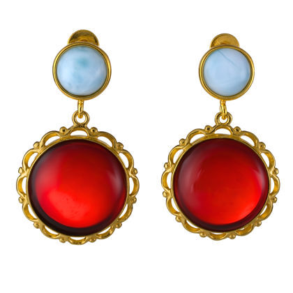Gold Plated 925 Sterling Silver Turquoise and Baltic Red Amber Earrings