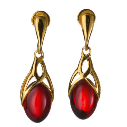 Gold Plated 925 Sterling Silver Baltic Red Amber Dangling Earrings