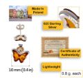 Genuine Baltic honey amber butterfly stud earrings infographic showing 10mm size, 925 sterling silver stamp, made in Poland, certificate of authenticity, and lightweight 0.8g each