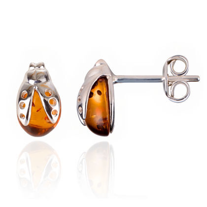 Sterling Silver and Baltic Honey Amber Ladybugs Post Back Earrings