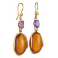 Gold Plated 925 Sterling Silver Cognac Baltic Amber and Amethyst Dangle Earrings