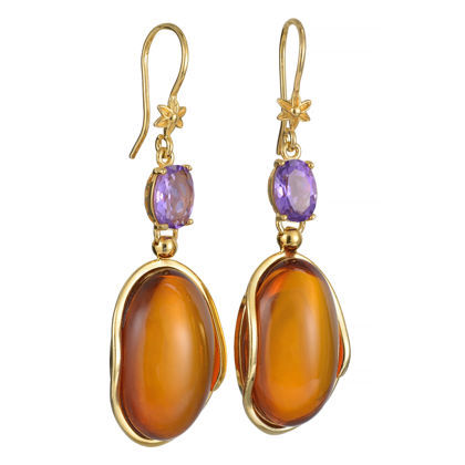 Gold Plated 925 Sterling Silver Cognac Baltic Amber and Amethyst Dangle Earrings