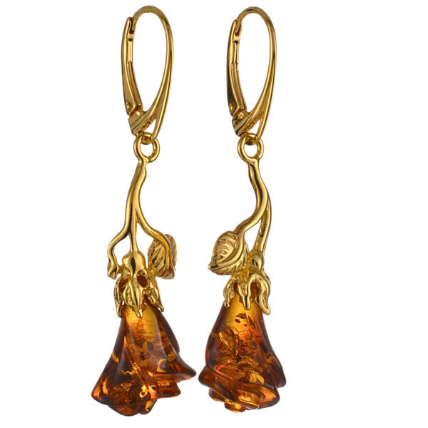 18K Gold Plated 925 Sterling Silver Baltic Honey Amber Lever Back Rose Earrings