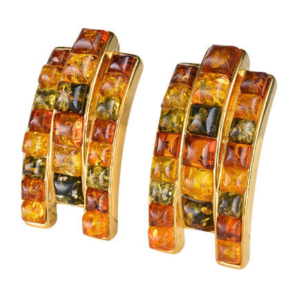 18K Gold Plated 925 Sterling Silver Baltic Multicolored Amber Bullet Clutch Earrings