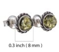 Genuine Baltic green amber stud earrings in 925 sterling silver showing 0.3 inch (8 mm) diameter size, small round post back women’s earrings handcrafted in Poland