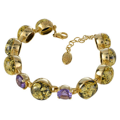 Amber and Gold Bracelet  - 18K Gold Plated 925 Sterling Silver, Amethyst, and Adjustable Green  Baltic Amber  Bracelet, Amber Jewelry Collection