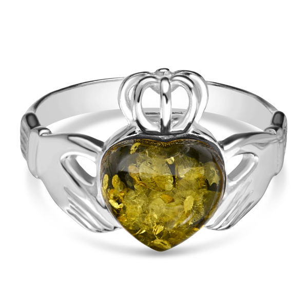 Sterling Silver and Baltic Green Amber Irish Claddagh Ring