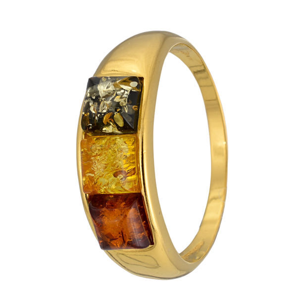 18K Gold Plated Sterling Silver and Baltic Multicolored Amber Ring Front View