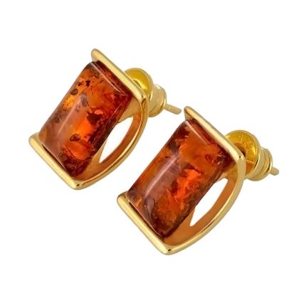 Genuine Baltic honey amber stud earrings in 18K gold plated 925 sterling silver with rectangular amber stones and bullet clutch backing, handcrafted Polish amber jewelry