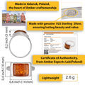 Infographic showing a sterling silver Baltic honey amber ring made in Gdańsk, Poland, with 925 silver hallmark, certificate of authenticity, rectangular amber stone dimensions (0.6 × 0.4 in), band profile, and lightweight 2.6 g design.