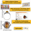 Sterling silver Baltic honey amber ring shown with size measurements, 925 silver stamp, certificate of authenticity from Poland, and details highlighting handcrafted amber jewelry made in Gdansk