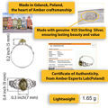 Infographic showing sterling silver green Baltic amber Celtic knot ring with material, gemstone, and design details