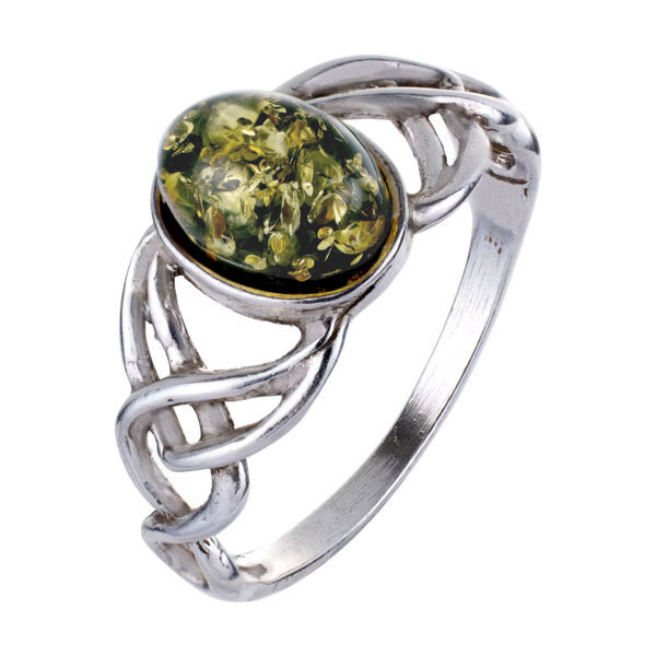 Sterling silver green Baltic amber Celtic knot ring with polished cabochon gemstone