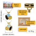 Product infographic showing a gold plated 925 sterling silver Baltic amber pendant made in Poland, featuring lemon yellow, black, and turquoise stones, with size dimensions (1.2 × 1.3 inches), lightweight 12.78 g design, 18K gold over sterling silver stamp, and certificate of authenticity.