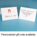 Personalized gift note cards displayed open, featuring a printed “A gift for you – enjoy!” message and a handwritten birthday message, indicating a custom gift note option.