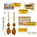 Gold plated 925 sterling silver Baltic honey amber lever back earrings displayed with a certificate of authenticity referencing Gdańsk, showing genuine honey-colored amber stones on a white background