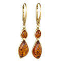 Gold plated 925 sterling silver Baltic honey amber lever back drop earrings for women with genuine honey-colored amber stones on a white background