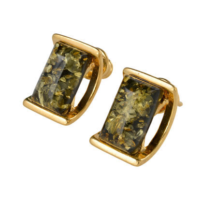 Pair of 18K gold plated 925 sterling silver stud earrings with rectangular Baltic green amber stones, showing natural inclusions and bullet clutch backs on a white background