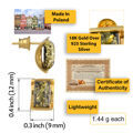 Infographic showing Baltic green amber stud earrings made in Poland, crafted in 18K gold plated 925 sterling silver, with bullet clutch backing, certificate of authenticity, lightweight 1.44 g each, and dimensions 0.4 inch by 0.3 inch