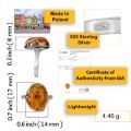 Sterling silver ring with genuine Baltic honey amber, showing side and top views with measurements, 925 silver stamp, Made in Poland origin, GIA certificate of authenticity, and lightweight 4.46 gram design.