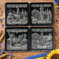 Ukrainian Gift Slate Coasters Set of 4 with Holder – Engraved Ukrainian Cities Kyiv Lviv Odesa Kharkiv, Natural Stone Coaster Set, Made in USA