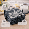 Ukrainian Gift Slate Coasters Set of 4 with Holder – Engraved Ukrainian Cities Kyiv Lviv Odesa Kharkiv, Natural Stone Coaster Set, Made in USA