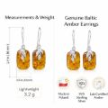 Genuine Baltic honey amber drop earring in 925 sterling silver with leaf accent, handcrafted in Poland, lab certified amber, lightweight 3.2g, rectangular amber stone 1.4 inch long, elegant natural amber jewelry for women gift