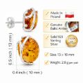 Genuine Baltic honey amber stud earrings in 925 sterling silver, handcrafted in Poland, lab certified amber, oval amber stones 10mm by 13mm, lightweight 2.8g, natural amber jewelry for women
