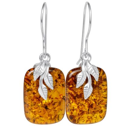 Genuine Baltic honey amber Fern drop earrings in 925 sterling silver with rectangle amber stones and leaf accents, lightweight dangle jewelry for women