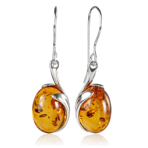 GIA certified Baltic honey amber oval earrings in 925 sterling silver French hooks with natural inclusions