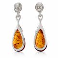 Back view of genuine Baltic honey amber teardrop earrings in 925 sterling silver, showing natural inclusions, polished silver setting, and secure clip-style closure