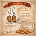 Infographic of genuine Baltic amber earrings in oxidized 925 sterling silver, handmade in Gdańsk Poland, showing dimensions 1.4 inch drop and 13 mm width, lightweight 2g each, certificate of authenticity, Made in Poland amber jewelry