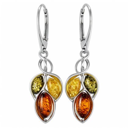 GIA certified sterling silver Baltic multicolor amber drop earrings “April” featuring green, honey and cognac amber stones in elegant dangle design
